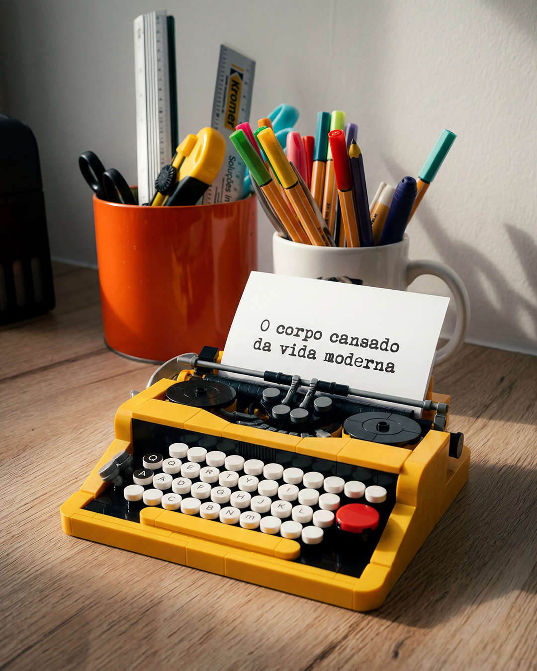 Máquina de escrever amarela sobre uma mesa de madeira com um papel escrito “O corpo cansado da vida moderna”, ao lado de canecas com canetas e materiais de escritório, em uma cena acolhedora e reflexiva.